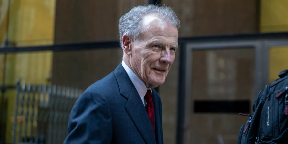 Former Illinois House Speaker Michael Madigan smiles as he exits the Dirksen Federal Courthouse in Chicago on Monday after opening statements in his federal corruption trial concluded. (Capitol News Illinois photo by Andrew Adams)