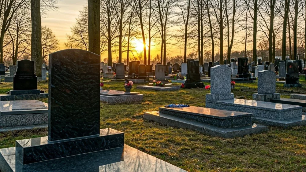 aquietcemeteryinspring-ablankdarkmarbletombstone