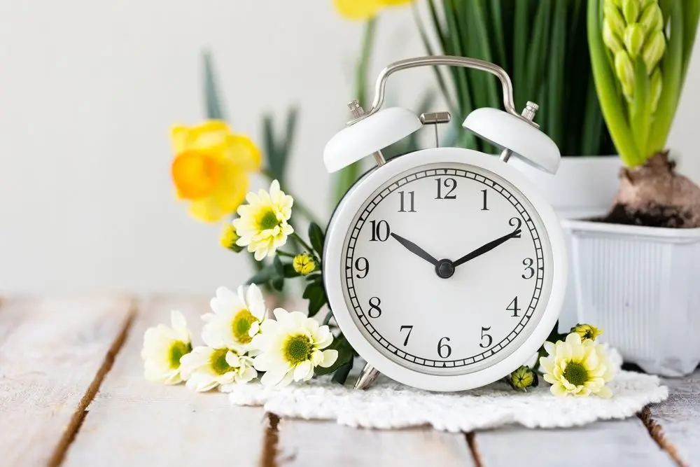 springchangedaylightsavingtimeconcept-whitealarmclockand