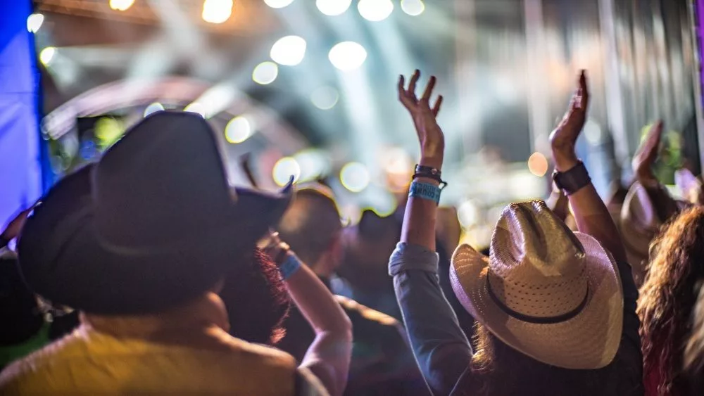 crowd enjoying live music at Huercasa Country Festival in Riaza^ Segovia^ Spain in 2017.