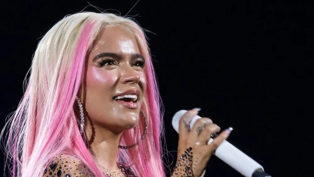 Singer Karol G during a performance at the Santiago Bernabeu^ on July 20^ 2024^ in Madrid^ Spain