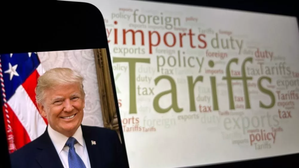 Trade War between Canada^ the United States and Mexico concept due to Trump's or Donald trump's impending tariffs. Toronto^ Canada - February 17 2024