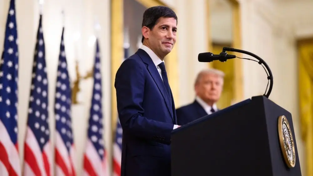 Federal Reserve Chair Kevin Warsh delivers remarks at his swearing-in ceremony in the East Room of the White House^ Friday^ May 22^ 2026.