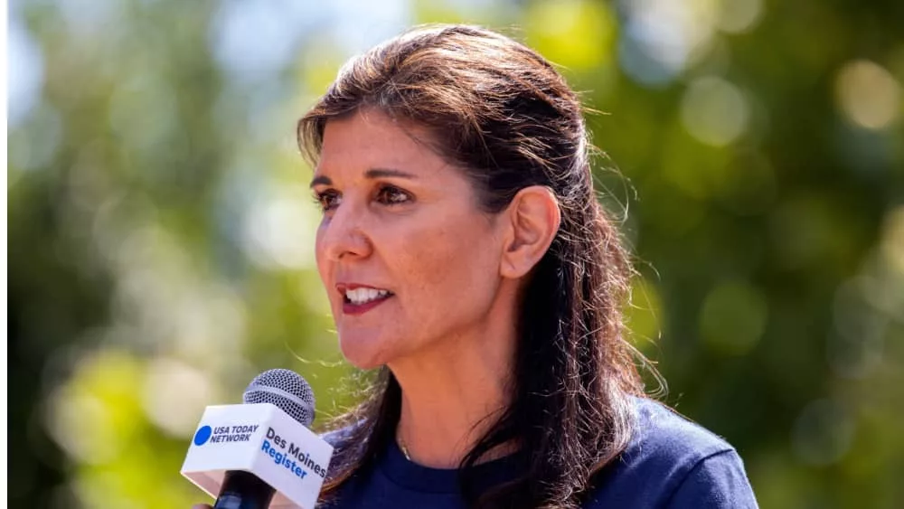 Former South Carolina Governor / Republican presidential candidate Nikki Haley at the Iowa State Fair political soapbox in Des Moines^ Iowa. August 12^ 2023