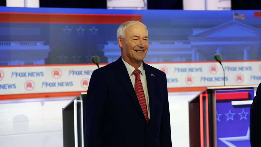 Asa Hutchinson former Arkansas governor in 2024 Republican Presidential Debate at the Fiserv Forum^ Milwaukee^ Wisconsin USA - August 23rd^ 2023