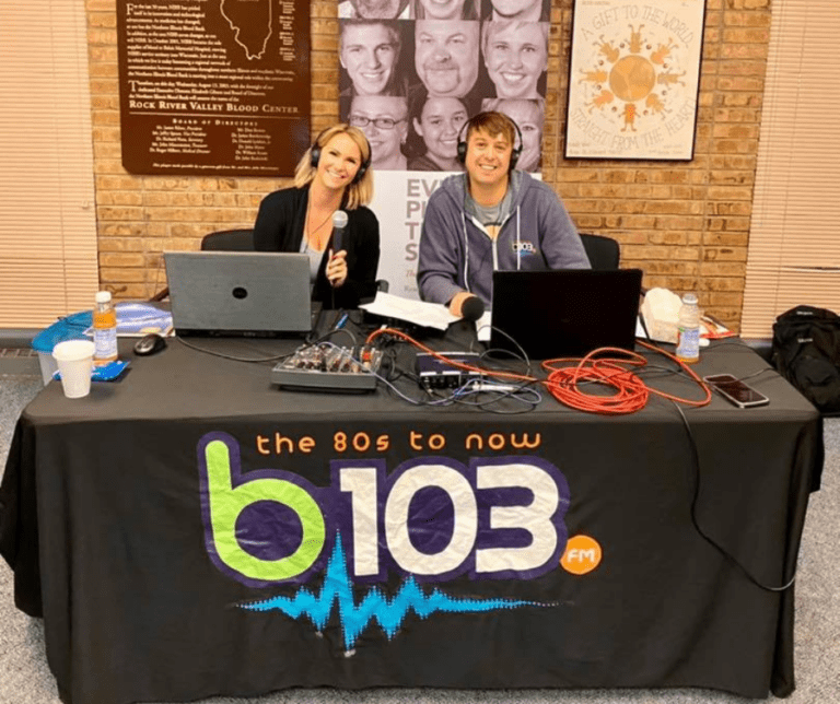 Matt and Chelsea with the B103 Morning Routine at the Rock River Valley Blood Center