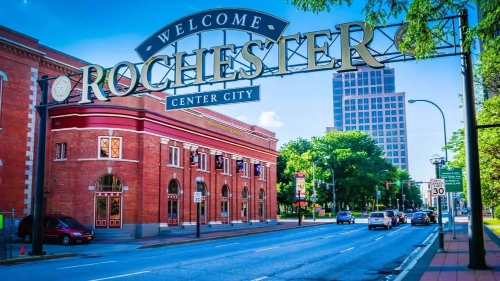 'Welcome to Rochester' New York sign in downtown Rochester. Rochester^ NY - July 16^ 2017