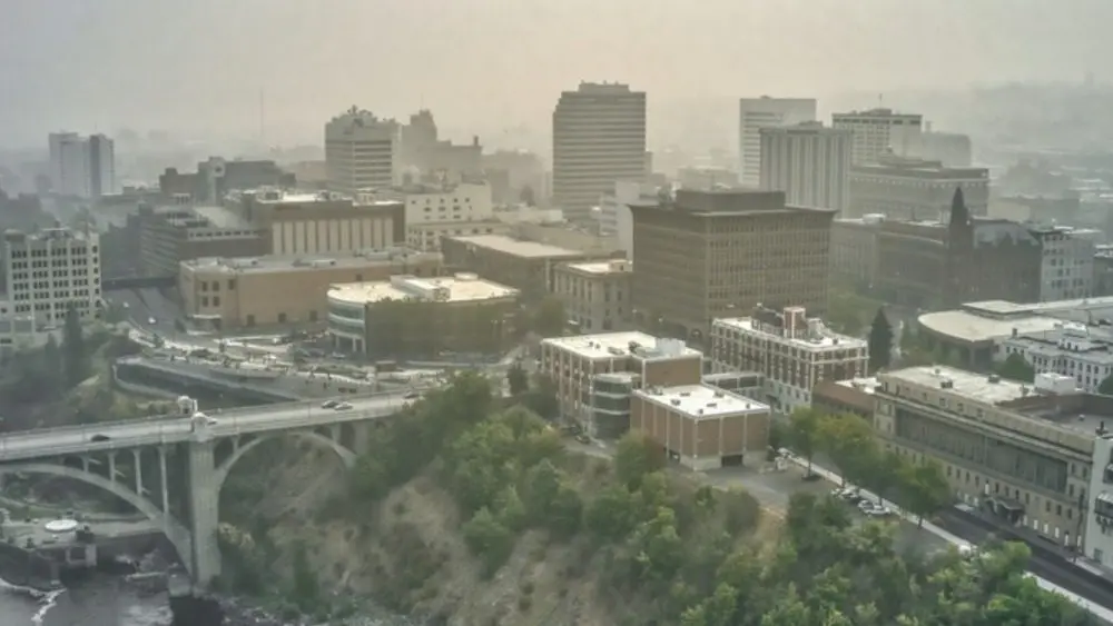 Aerial View of Spokane^ Washington in heavy Wildfire Smoke