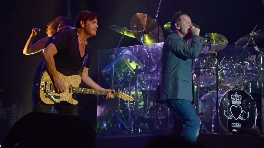 Jim Kerr and Charlie Burchill of the band Simple Minds^ perform at the Belgrade Beer Fest on August 18^ 2011 in Belgrade^ Serbia