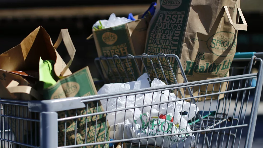 a-shoppers-grocery-cart-containing-both-paper-and-plastic-bags-is-seen-in-san-diego-california