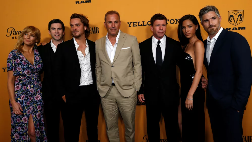 creator-director-and-executive-producer-sheridan-poses-with-cast-members-reilly-bentley-grimes-costner-asbille-and-annable-at-a-premiere-for-the-television-series-yellowstone-in-los-angeles