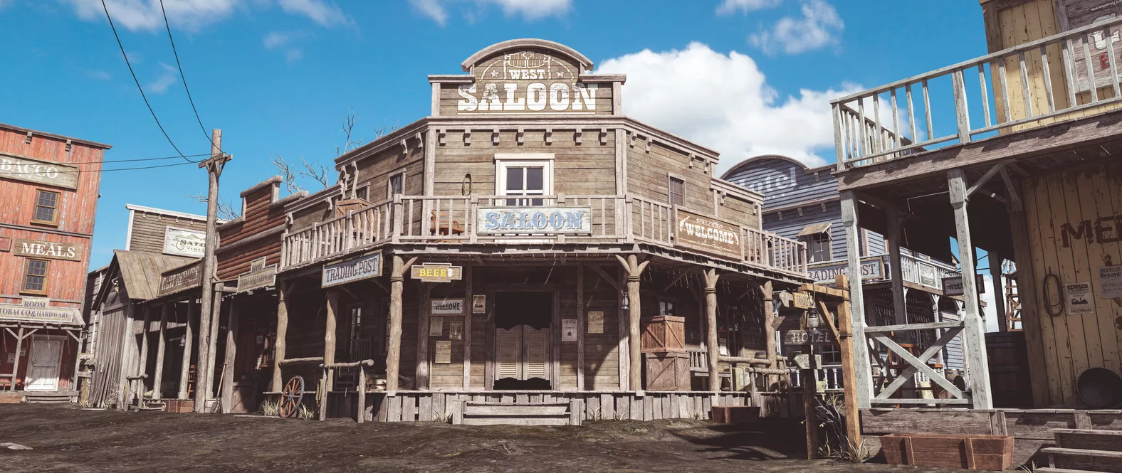 3d-illustration-rendering-of-an-empty-street-in-an-old-wild-west-town-with-wooden-buildings