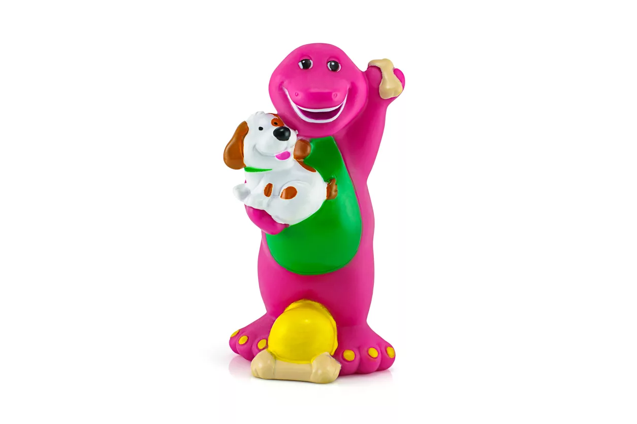 barney-the-purple-dinosaur-figure-toy-and-white-dog