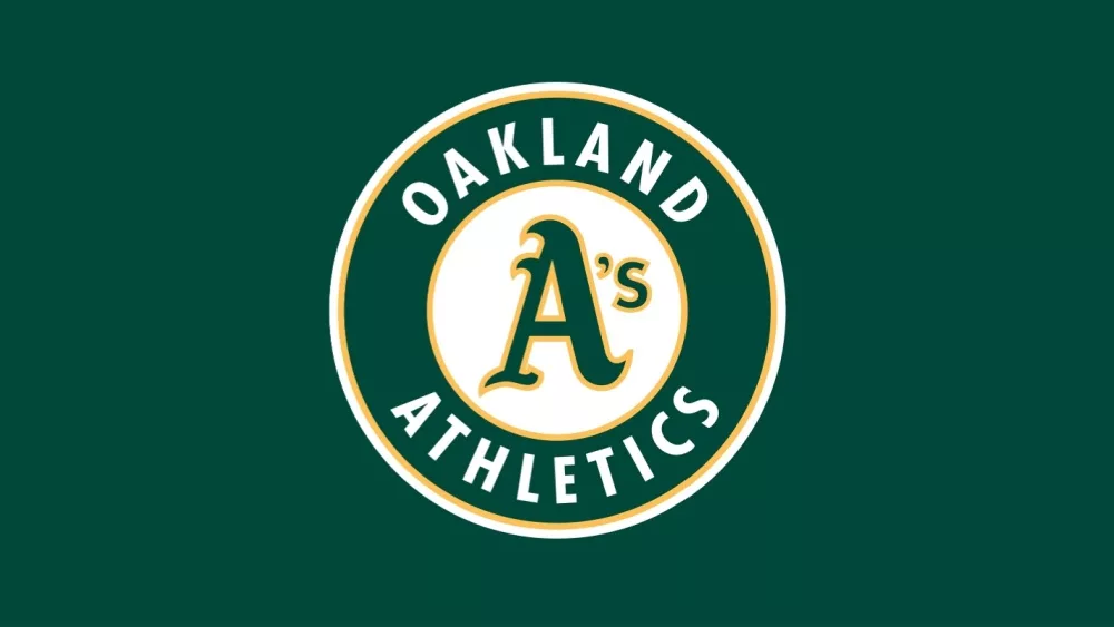 Oakland Athletic logo^ MLB Team^ Major League Baseball^ American League West division^ with dark green background