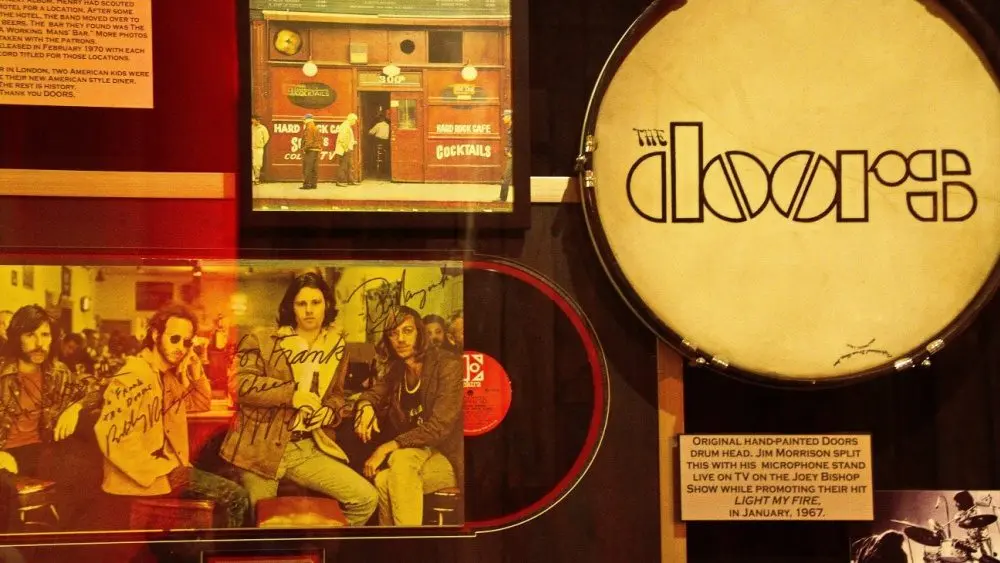 Music Memories Behind The Glass at Hard Rock Hotel Las Vegas.Display of original hand painted the Doors drum head. Las Vegas^NV/USA - 31 Oct^2014