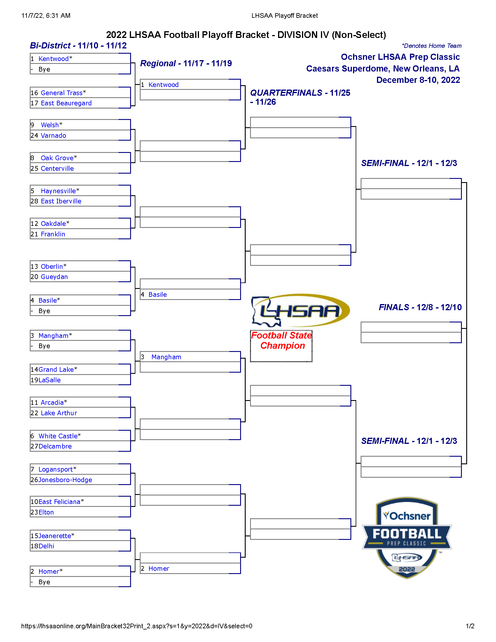 2022 LHSAA High School Football Playoff Brackets Big 102.1 KYBGFM