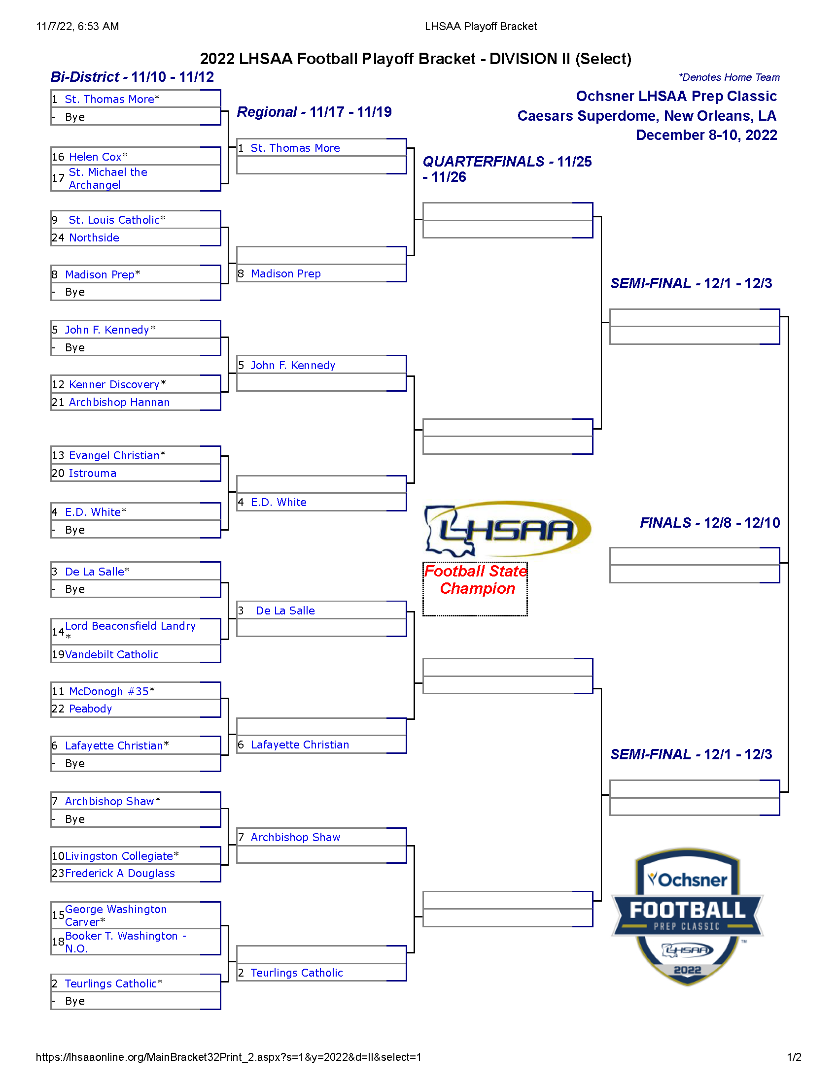 2022 LHSAA High School Football Playoff Brackets Big 102.1 KYBGFM