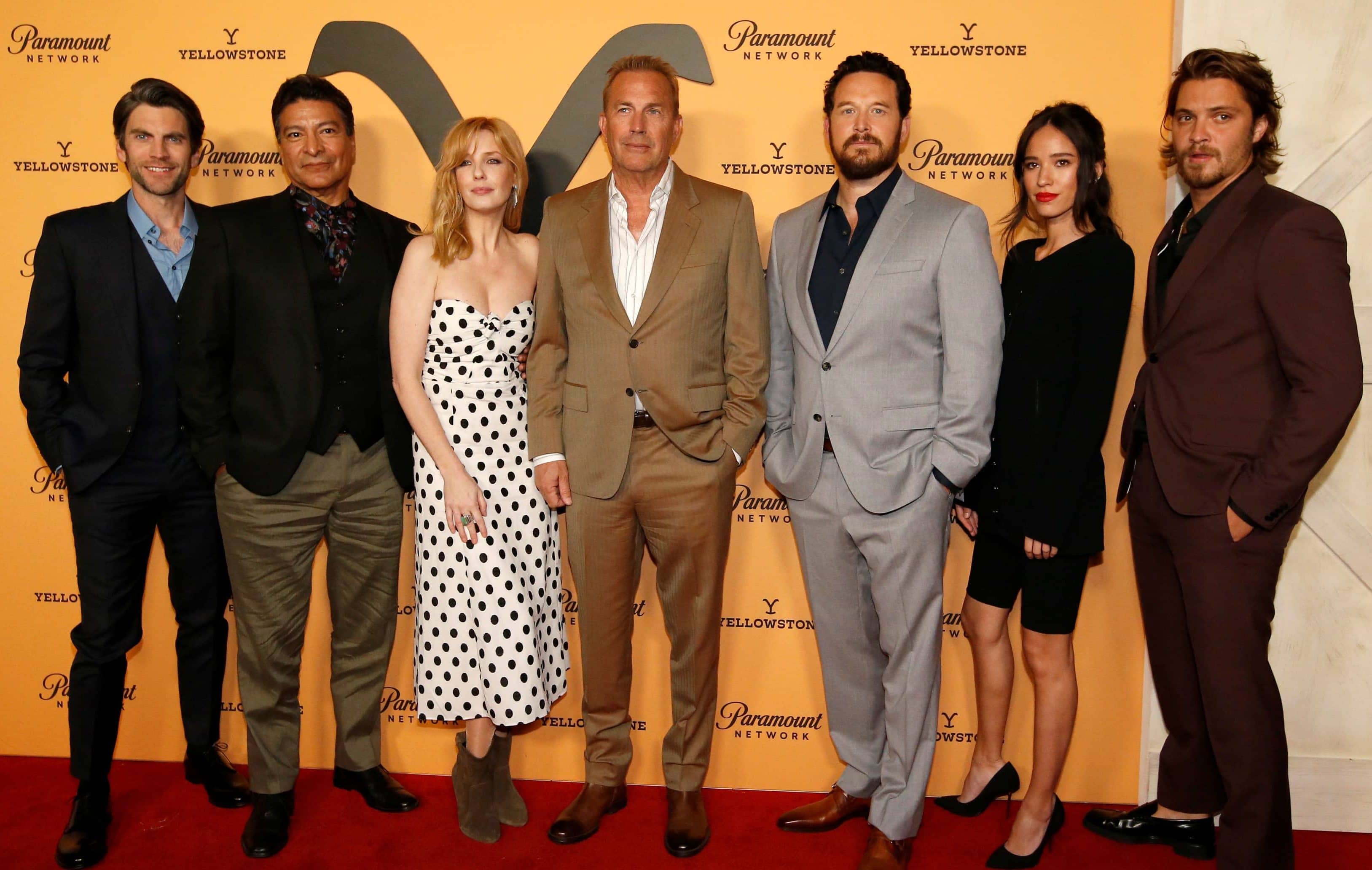 cast-members-bentley-birmingham-reilly-costner-hauser-asbille-and-grimes-pose-at-a-premiere-party-for-season-2-of-the-television-series-yellowstone-in-los-angeles