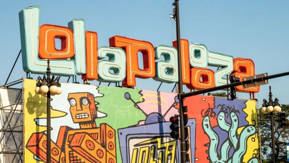 The temporary Lollapalooza sign downtown Chicago^ at the entrance to Grant Park. Chicago^ IL - August 1^ 2021