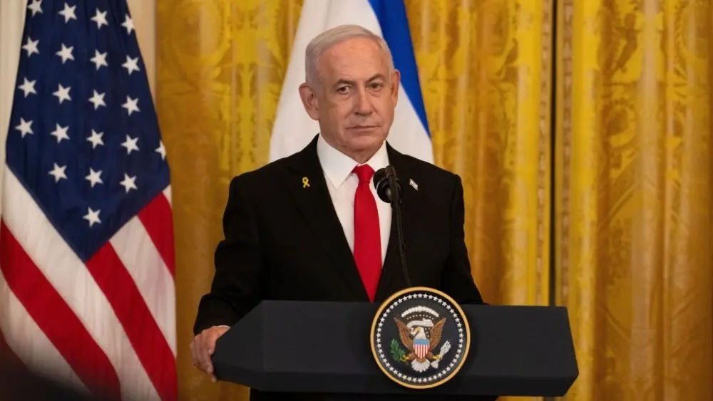 Israeli Prime Minister Benjamin Netanyahu at news conference in the East Room of the White House. WASHINGTON D.C.^ USA - FEBRUARY 4^ 2025