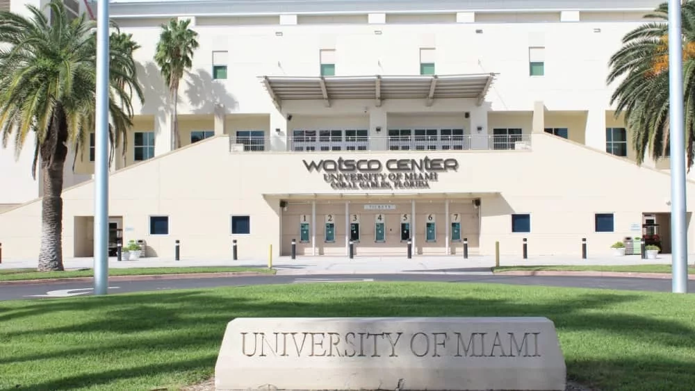 stone sign greets visitors to the University of Miami and Watsco Center which is home to the University of Miami Hurricanes basketball teams.