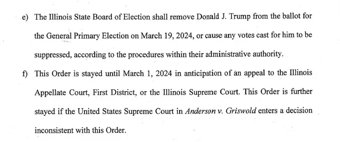 Judge Tracie Porter’s Feb. 28 order directs the Illinois State Board of Elections to remove former President Donald Trump’s name from the Illinois primary ballot while also staying the decision until Friday to allow time for an appeal.