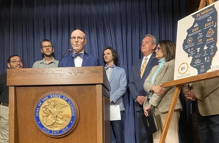 State Sen. Dave Koehler, D-Peoria, speaks at a news conference in support of a bill to create a permanent local food infrastructure grant program that would receive $2 million annually. (Capitol News Illinois photo by Alex Abbeduto)