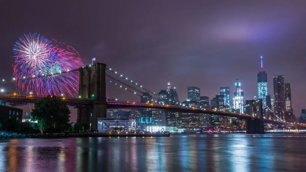 Macy's 40th annual 4th of July Fireworks show on Independence Day (July 4^ 2016) at Brooklyn Bridge in New York City. NEW YORK^ NY - July 4^ 2016