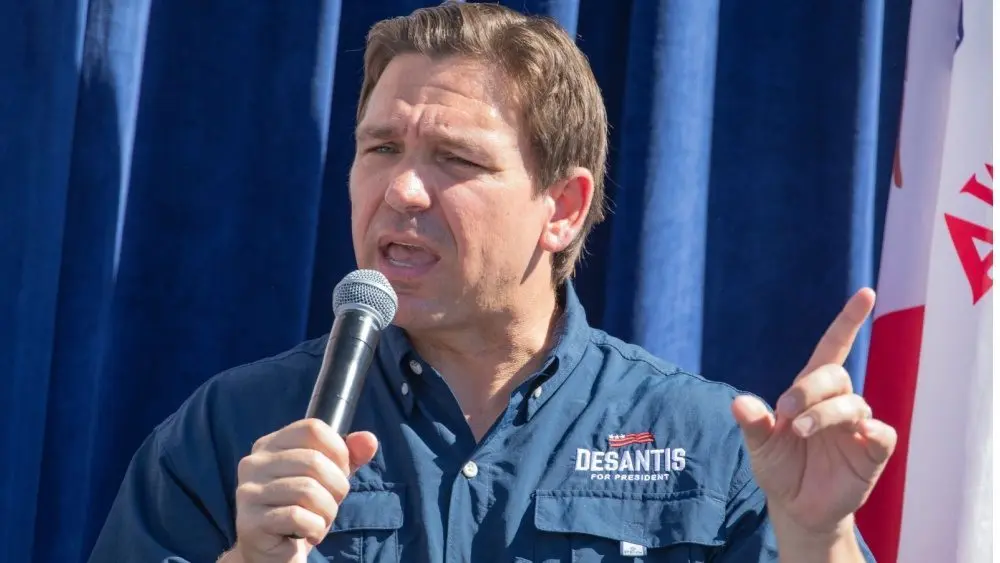 Florida Republican Governor and presidential candidate Ron DeSantis greets supporters at the Iowa State Fair fair side chats in Des Moines^ Iowa. Des Moines^ Iowa^ USA - August 12^ 2023