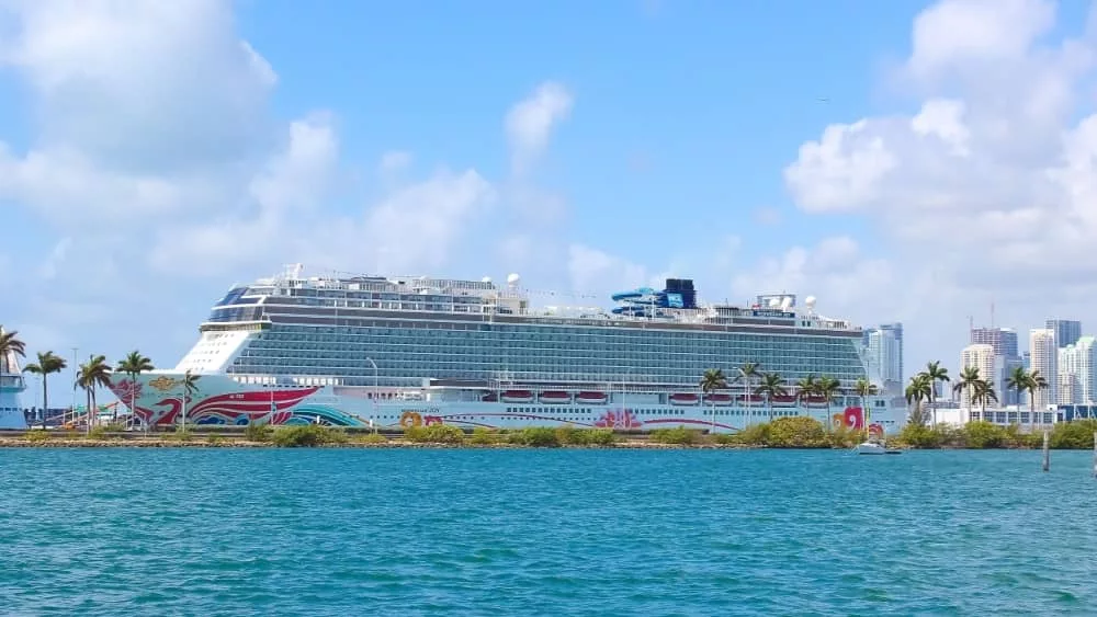Port of Miami with cruise ships Norwegian Joy. Miami is a major port in United States for cruise liners.
