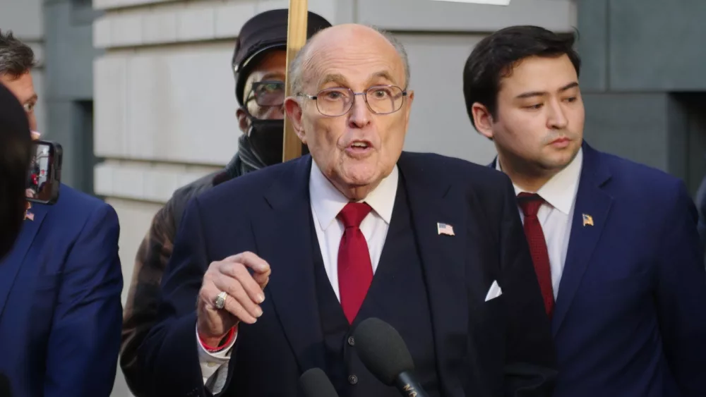 Former New York mayor Rudy Giuliani speaks to the press after a jury awarded 2 former Atlanta poll workers $148 million for defamation. WASHINGTON^ DC - December 15^ 2023