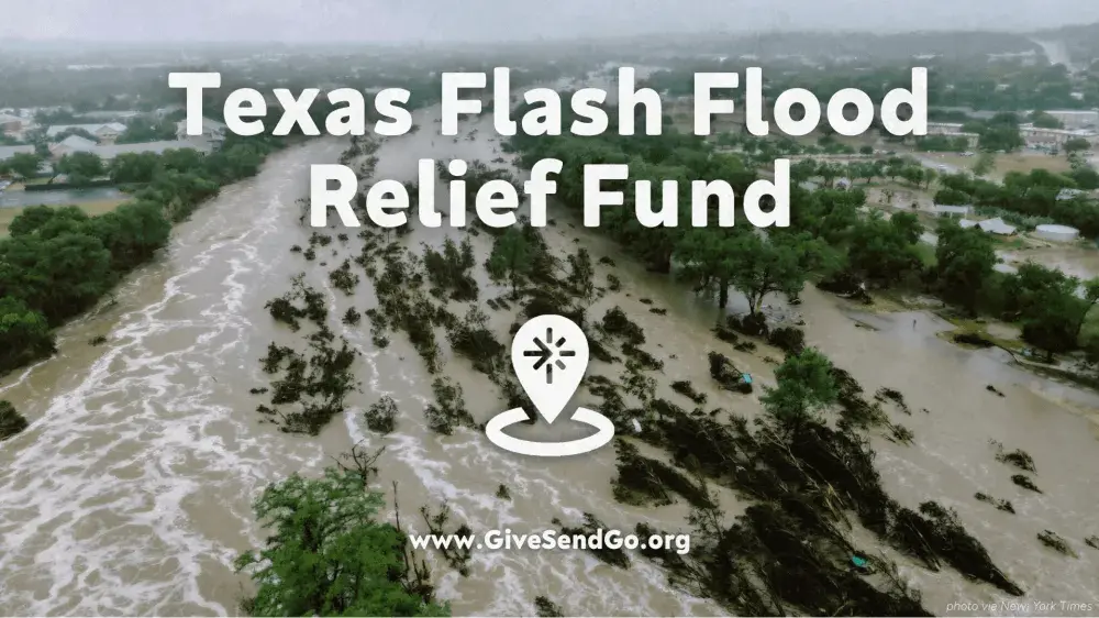 The text 'Texas Flash Flood Relief Fund' and an image of the Texas storm surge flooding.