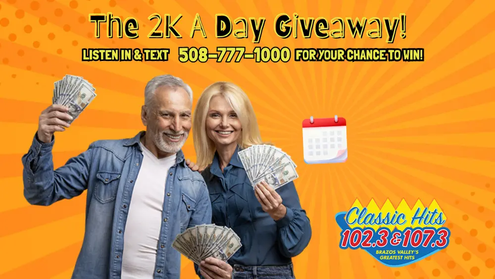The rotating graphic for the 2K A Day Giveaway. A couple holds a 'fan' of cash with a calendar icon in the background.