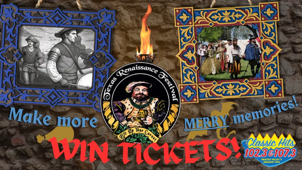 The slider graphic for the 2026 Texas Renaissance Festival. A dungeon wall with pictures of a renaissance festival sit behind the text.