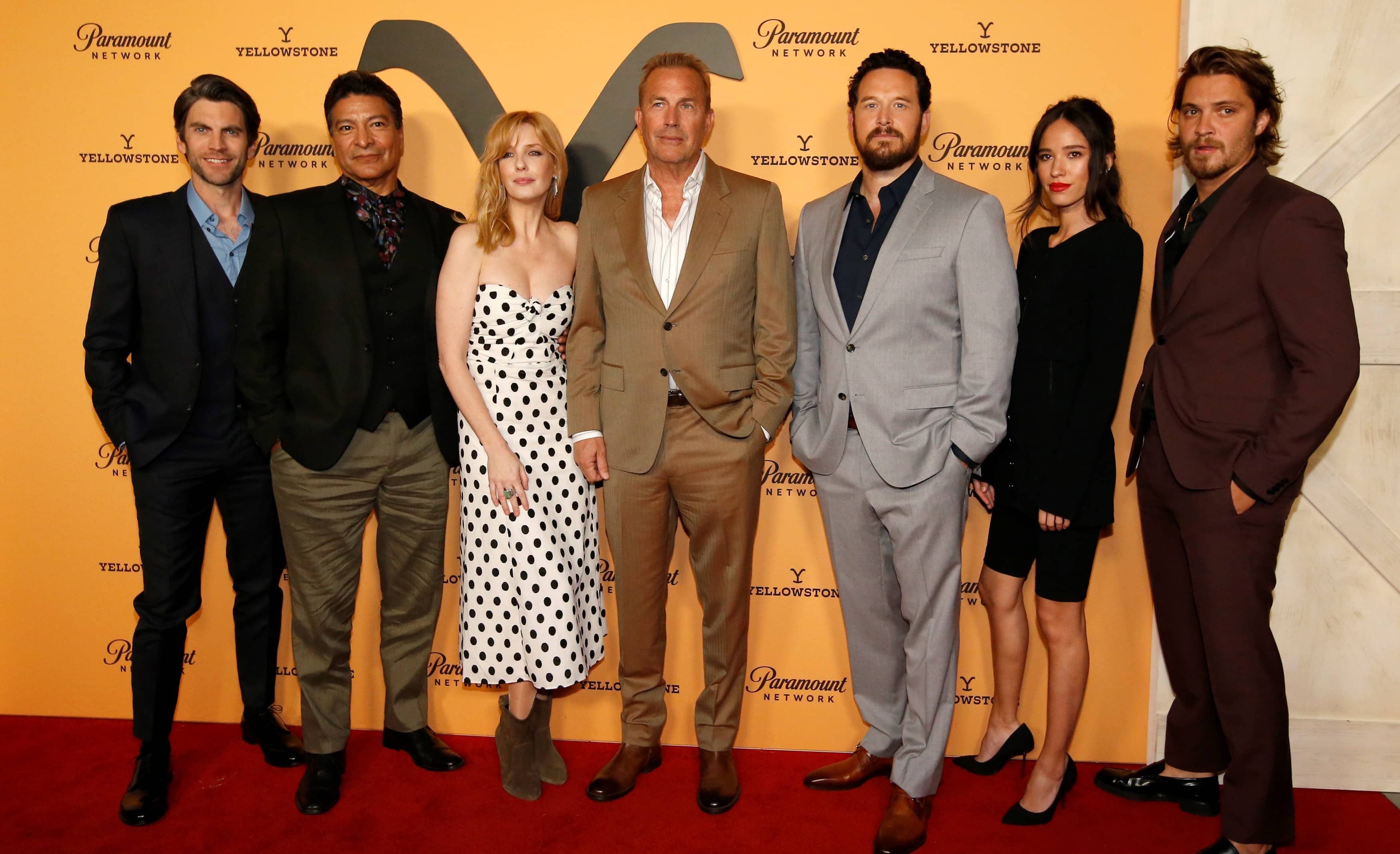 cast-members-bentley-birmingham-reilly-costner-hauser-asbille-and-grimes-pose-at-a-premiere-party-for-season-2-of-the-television-series-yellowstone-in-los-angeles