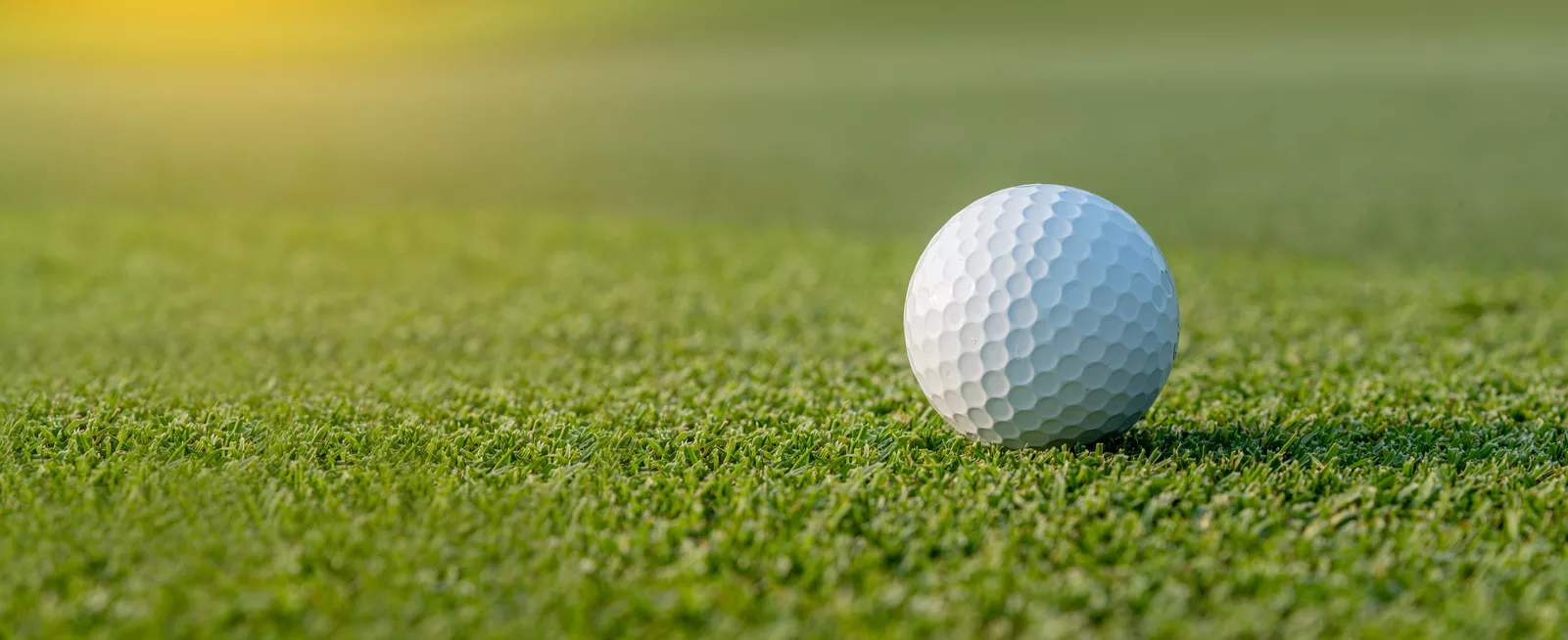 white-golf-ball-on-golf-pin-green-grass-near-hole-with-golf-course-background-green-tree-sun-ray