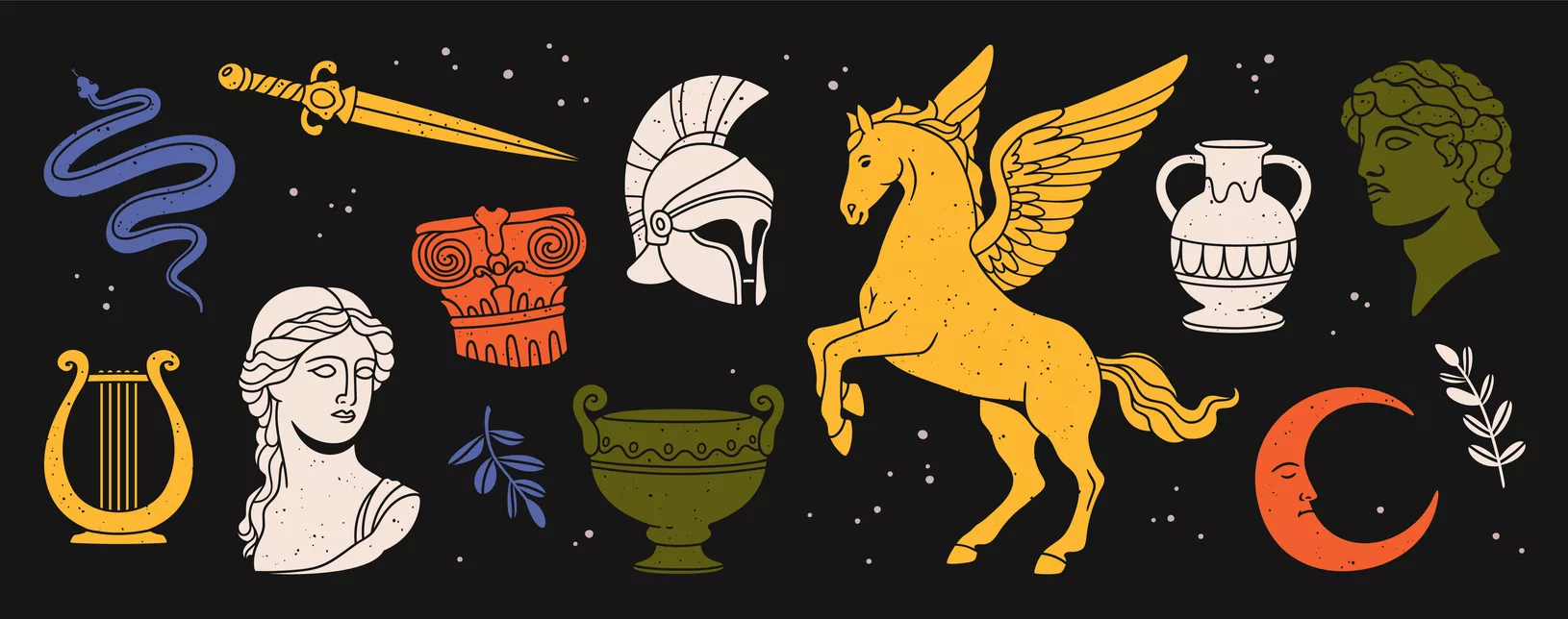 antique-greek-ancient-statue-cartoon-classic-greece-female-and-male-sculptures-marble-head-gypsum-body-mythical-sculptural-elements-pegasus-and-branches-vector-collection