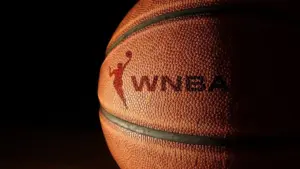 Closeup of a basketball with the WNBA logo and text Raleigh^ NC - USA - 06-13-2024