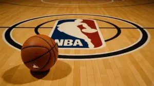 NBA BASKETBALL COURT WITH BALL This content was generated by an Artificial Intelligence (AI) system.
