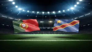 Football match preview between Portugal and DR Congo with national flags over a lit night soccer stadium background 3D rendering