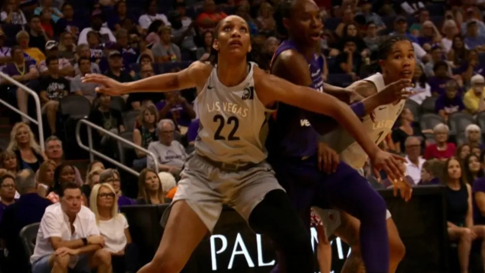 A'ja Wilson center for the Los Vegas Aces at Talking Stick Resort Arena in Phoenix^ Arizona USA June 10^2018.