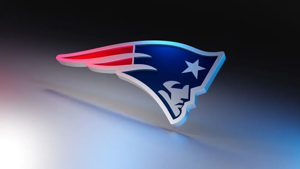 New England Patriots logo on dark background with shiny details. 3D render. MUENSTER^ GERMANY - June 03^ 2023