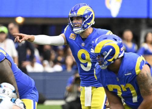 INGLEWOOD, CA - OCTOBER 16: Los Angeles Rams Quarterback Matthew Stafford  (9) throws a pass during the NFL game between the Carolina Panthers and the  Los Angeles Rams on October 16, 2022