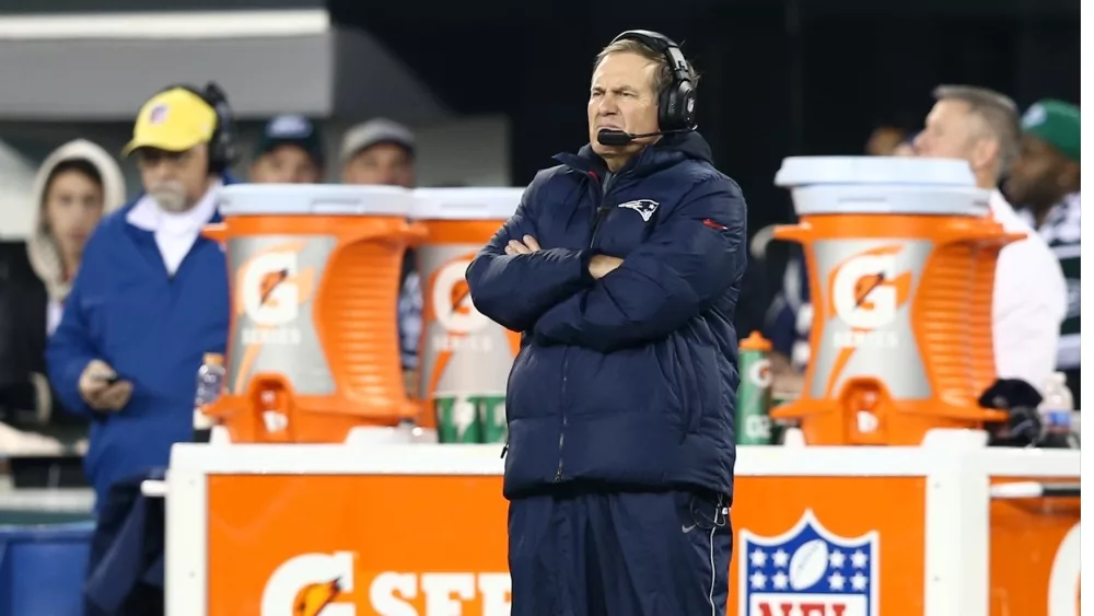 New England Patriots head coach Bill Belichick stands on the sidelines against the New York Jets at MetLife Stadium on November 22^ 2012 in East Rutherford^ New Jersey.