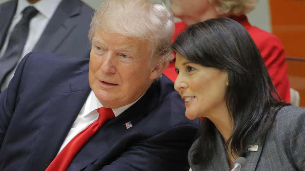 u-s-president-trump-talks-with-u-s-ambassador-to-the-u-n-haley-as-they-attend-a-session-at-un-headquarters-in-new-york