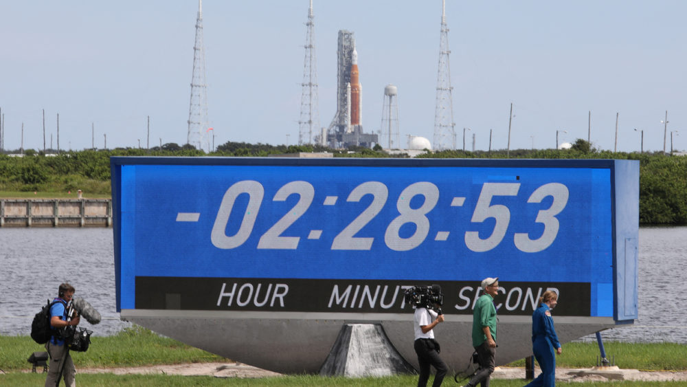 nasas-next-generation-moon-rocket-the-space-launch-system-sls-with-the-orion-crew-capsule-is-seen-on-launch-complex-39b-after-its-launch-on-the-artemis-1-mission-was-delayed-at-cape-canaveral