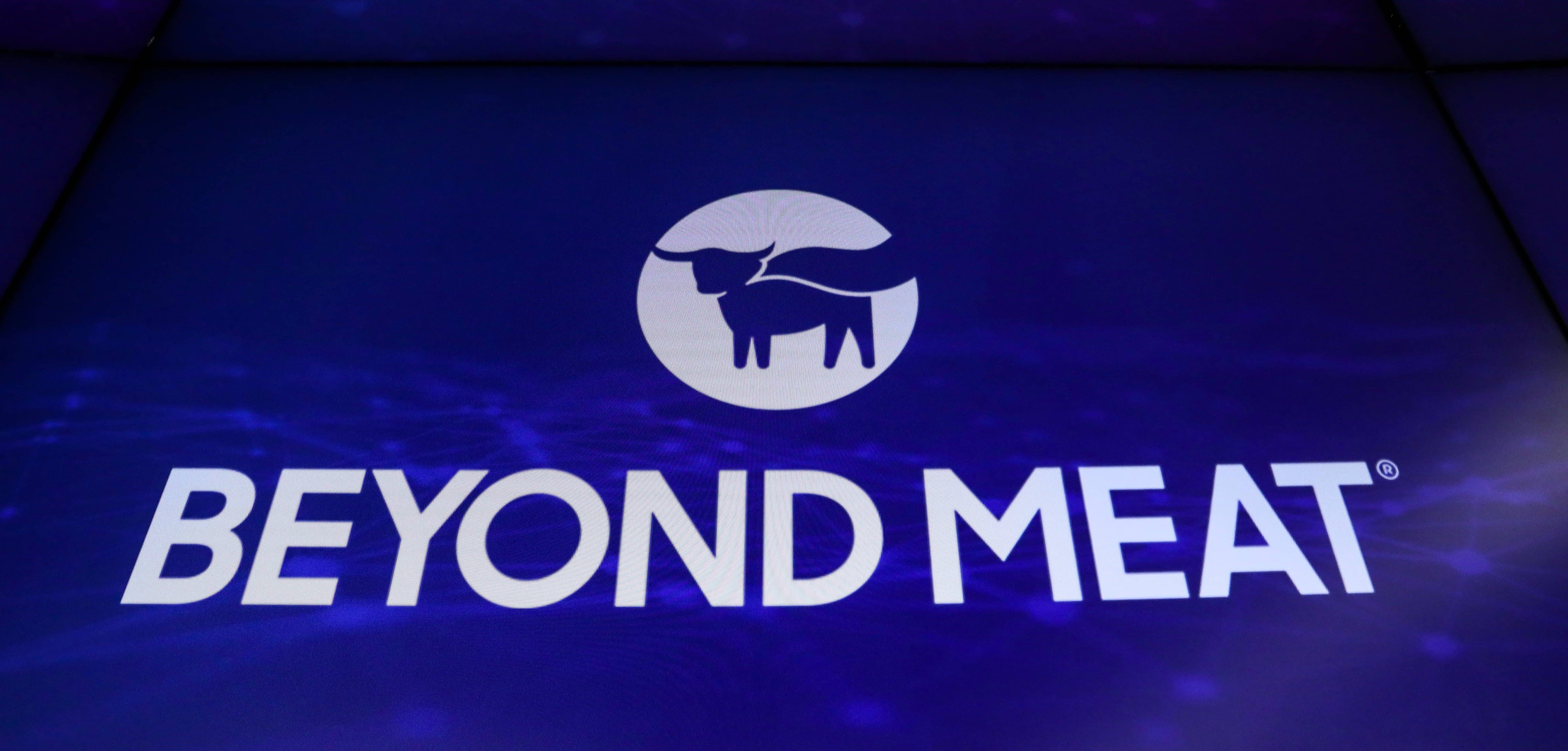 the-company-logo-and-trading-information-for-beyond-meat-is-displayed-on-a-screen-during-the-ipo-at-the-nasdaq-market-site-in-new-york