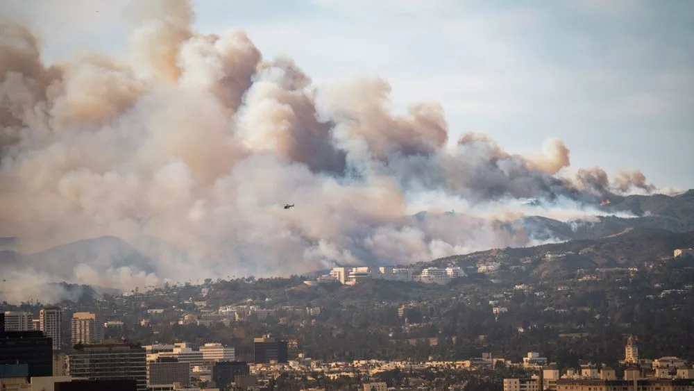 Wildfire in Pacific Palisades^ Los Angeles^ January 8^ 2025^ towards Getty Center and Brentwood. Images showcase dense smoke clouds^ burning hillsides^ and urban areas at risk.