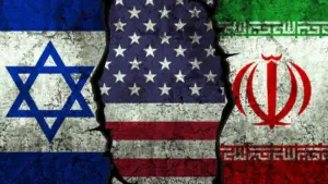 Israel^ United States and Iran flags on the textured wall^ political conflict concept background with clash. War^ trade^ diplomatic. USA negotiation