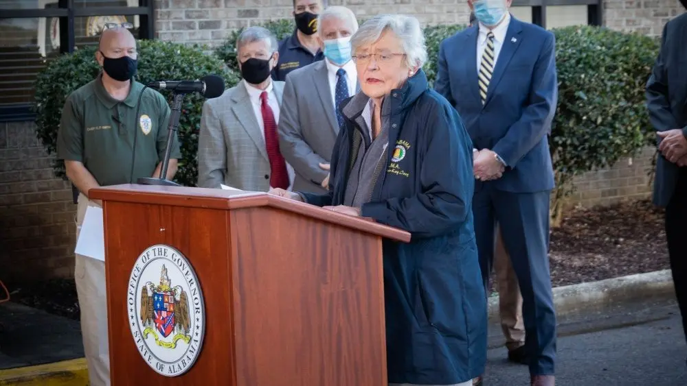 Governor of Alabama^ Kay Ivey^ giving speech in Fultondale^ AL on January 27^ 2021